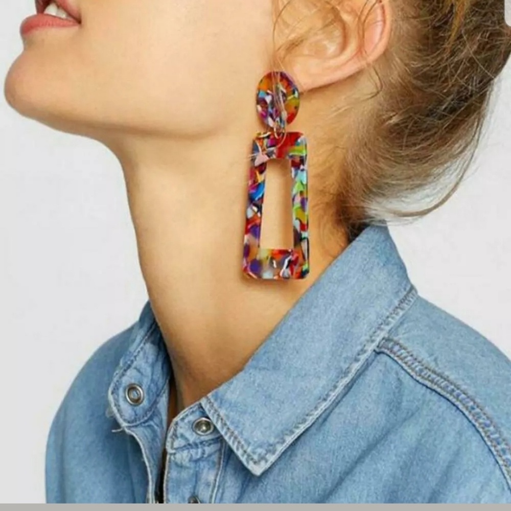 BOHO ACRYLIC GEOMETRIC DANGLE EARRING - Picture 3 of 3